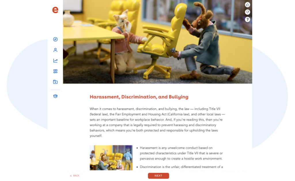 A screenshot of Ethena's Code of Conduct training with a lesson on "Harassment, Discrimination, and Bullying."