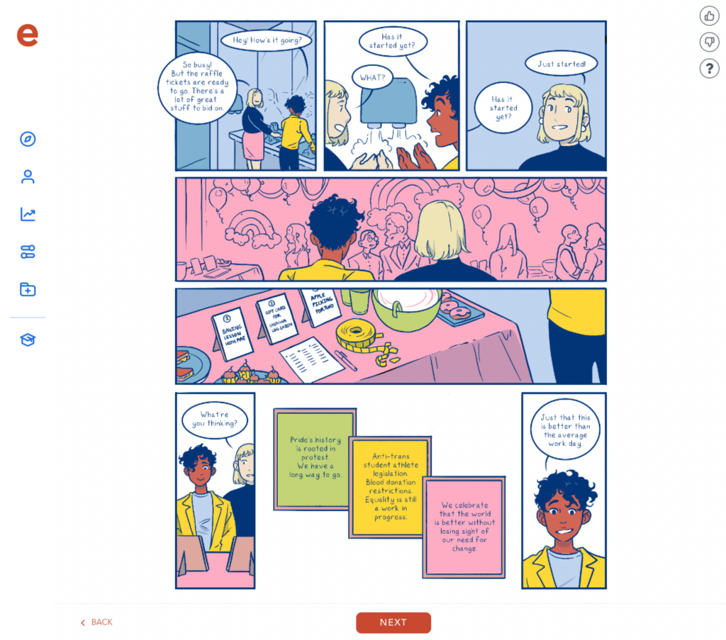 A screenshot from Ethena's Harassment Prevention training, featuring a panel from a comic on LGBTQ+ inclusivity