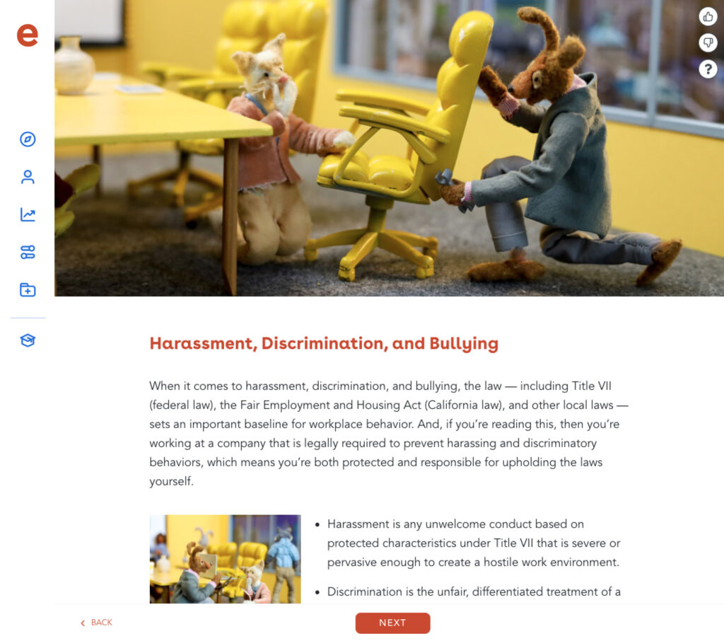 A screenshot of Ethena's Code of Conduct training with a lesson on "Harassment, Discrimination, and Bullying."