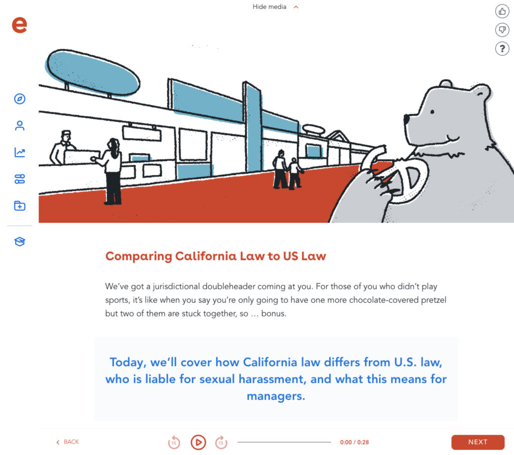 A screenshot of Ethena's Harassment Prevention training, with a lesson comparing California to US law.