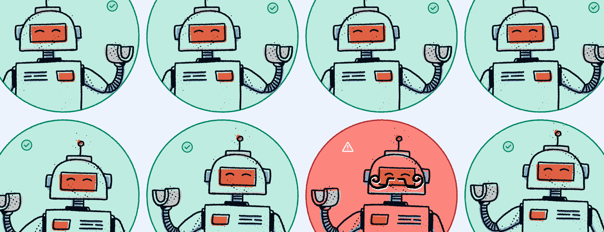 A grid of cartoon robots with green checkmarks and one flagged with a red warning, representing AI vendor risk auditing.