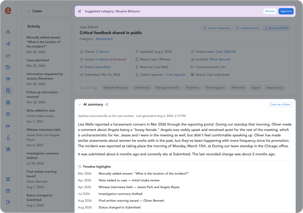 AI-generated case summary in Ethena Case Management, updated as notes, interviews, and evidence are added