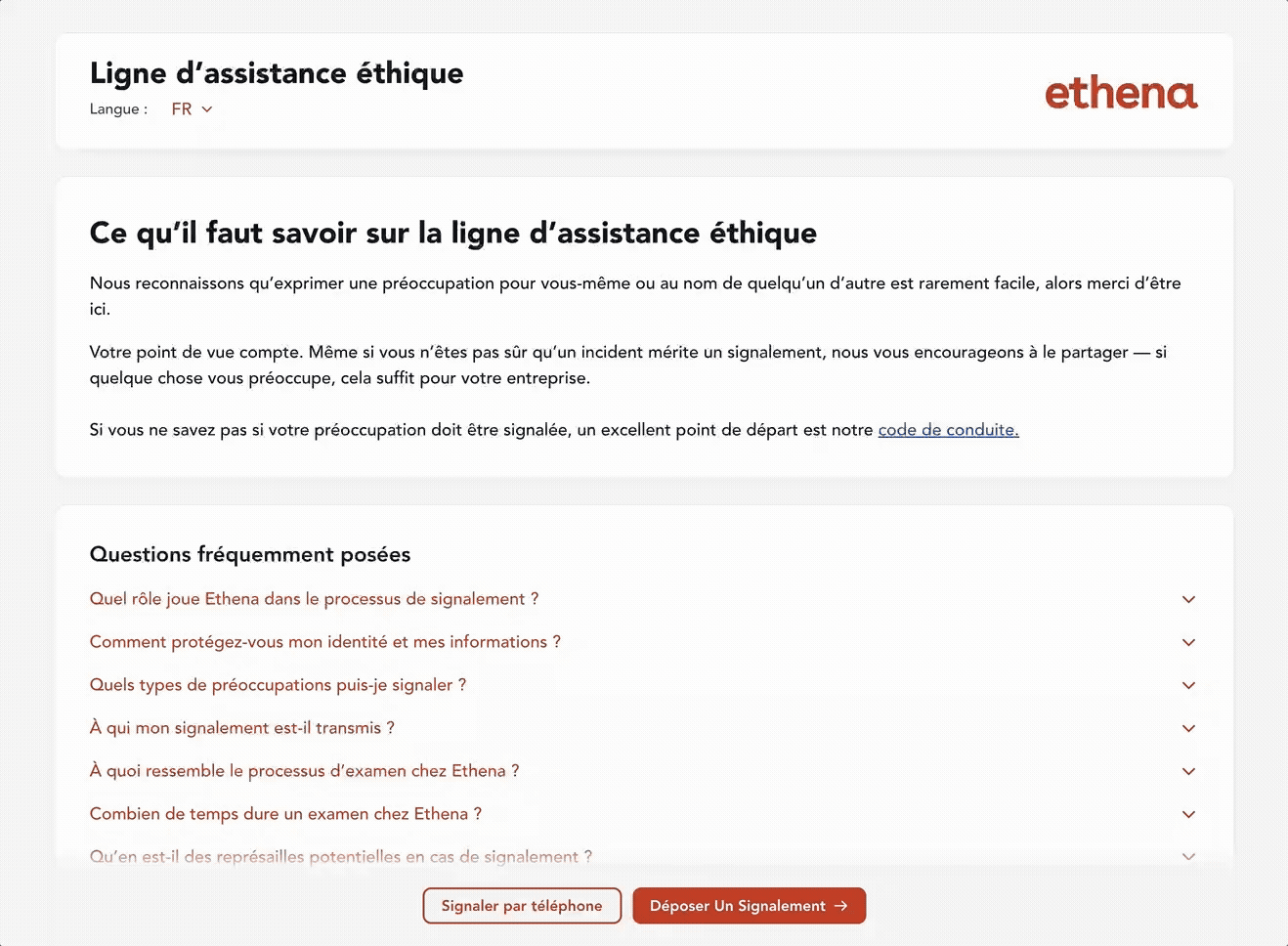 Ethena branded reporting portal switching between languages, with custom questions translated automatically