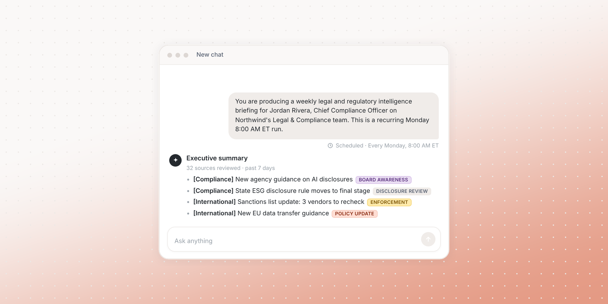 An AI chat window showing a weekly regulatory briefing